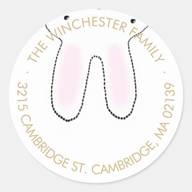 Funny upside down Easter bunny white gold address Classic Round Sticker (Front)