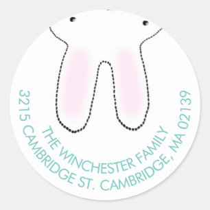 Funny upside down Easter bunny white teal address Classic Round Sticker