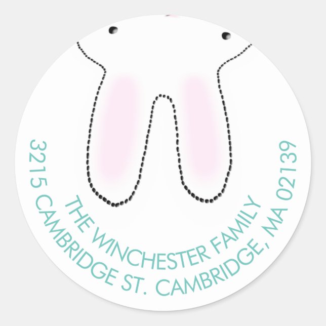 Funny upside down Easter bunny white teal address Classic Round Sticker (Front)