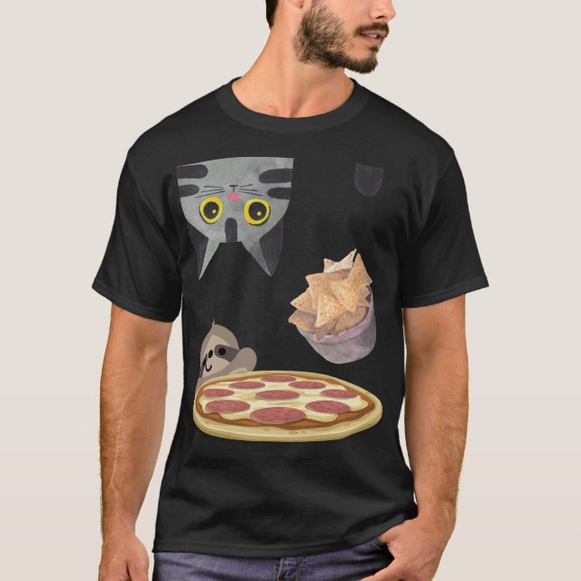 Funny Upside Down Hungry Cat Falling Chips Snack S T-Shirt (Front)