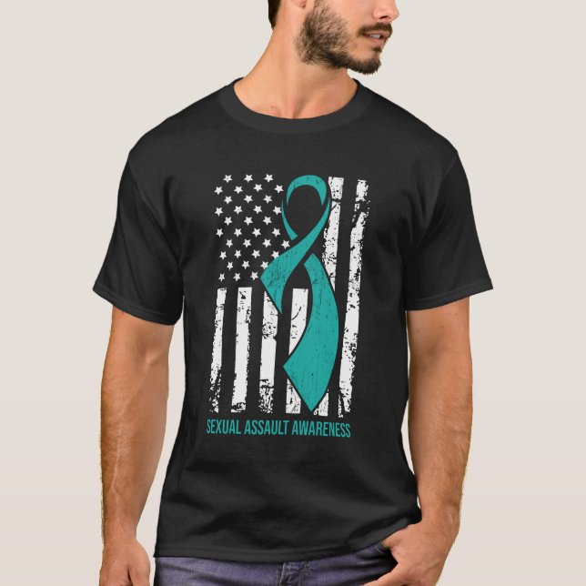 Funny Us Flag Teal Ribbon Men Women Awareness T-Shirt (Front)