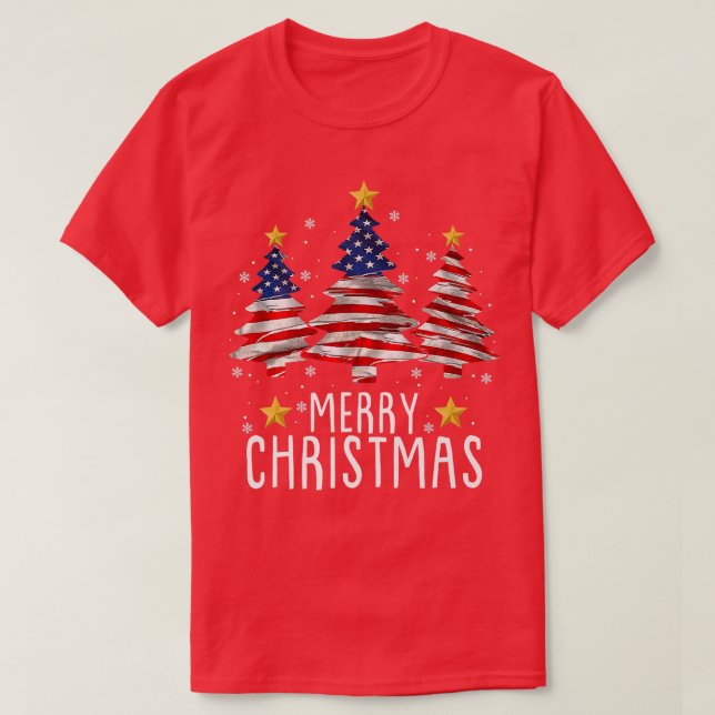 Funny US Flag Xmas Pajama Merry Christmas Tree Ame T-Shirt (Design Front)