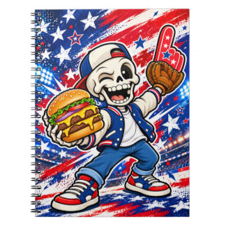 Funny USA Baseball Skeleton Notebook – Burger & Fi