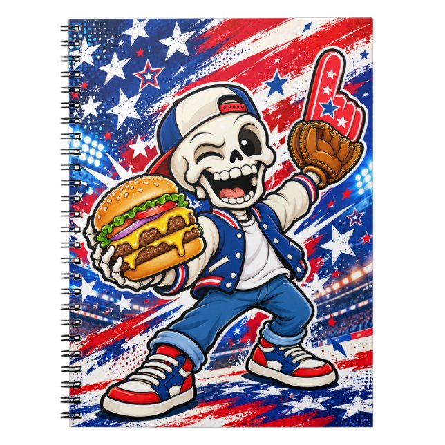 Funny USA Baseball Skeleton Notebook – Burger & Fi (Front)
