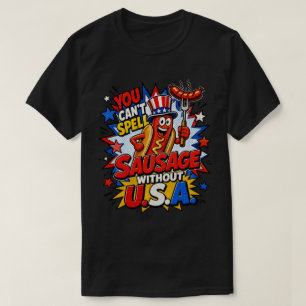 Funny USA Sausage BBQ Pun Patriotic Comic Art T-Shirt