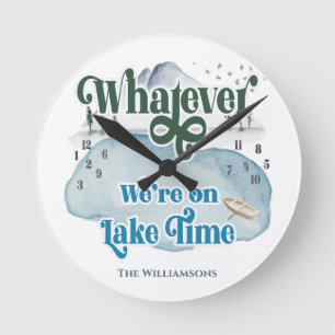Funny Vacation Lake Time Family Monogram Round Clock
