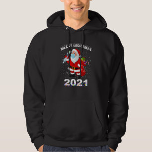 Funny Vaccinated Santa In Mask Tree Lights Merry C Hoodie