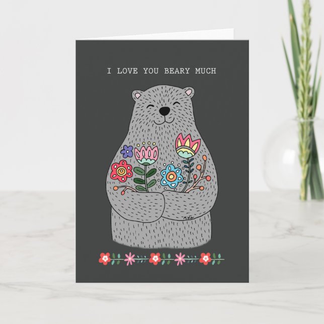 Funny Valentine Anniversary Big Bear with Flowers Card (Front)