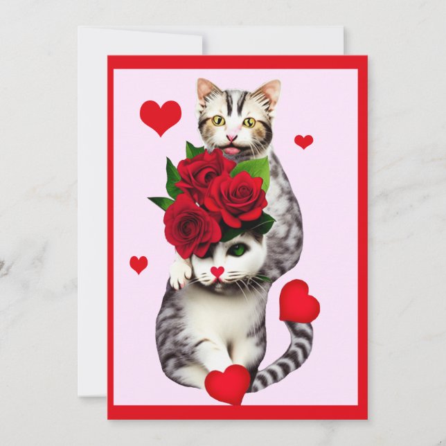 Funny Valentine Cats with Red Roses      Holiday Card (Front)