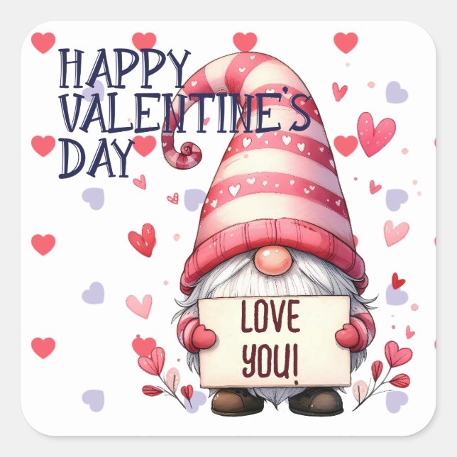 Funny Valentine Gnome with Love You Sign Square Sticker (Front)
