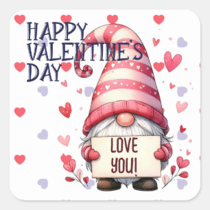 Funny Valentine Gnome with Love You Sign Square Sticker