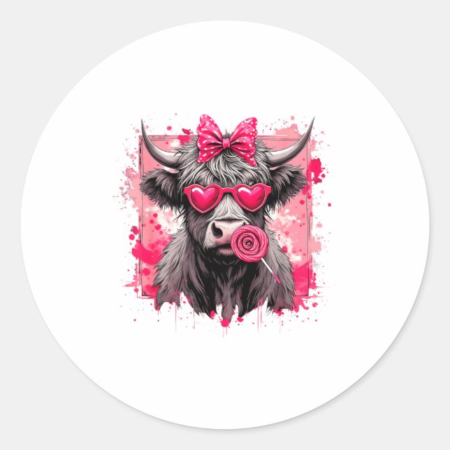 Funny Valentine Highland Cow Lollip Heart Art Nk L Classic Round Sticker (Front)