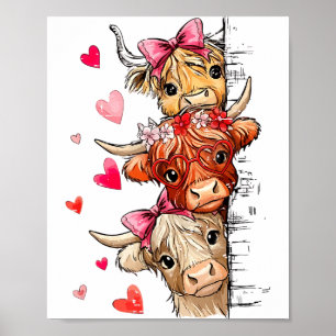 Funny Valentine Highland Cow Lover Hearts Cute Xox Poster