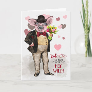 Funny Valentine Hipster Pig Hog Wild About You Card