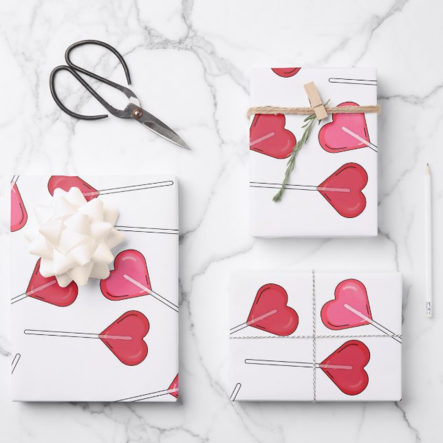 Funny Valentine Red Heart | Lollipop Pattern    Wrapping Paper Sheet (Front)