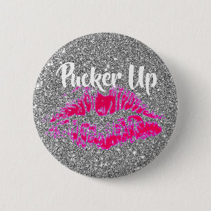 Funny Valentines Bright Pink Kiss Silver Glitter 6 Cm Round Badge