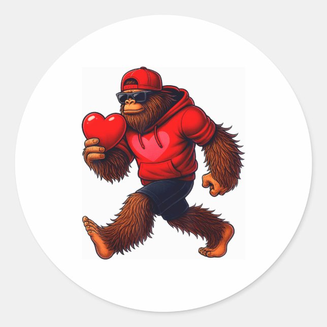 Funny Valentines Day Bigfoot Heart Sungles Sasquat Classic Round Sticker (Front)