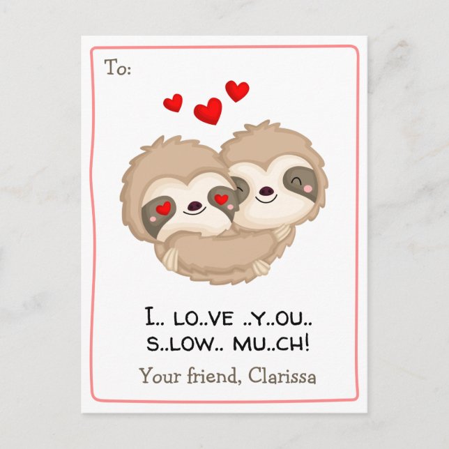 Funny Valentines Day Card for Kids (Sloth Hearts) (Front)