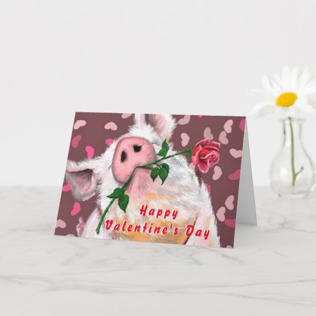 Funny Valentine's Day Card Gentleman Pig with Rose (Small Plant)