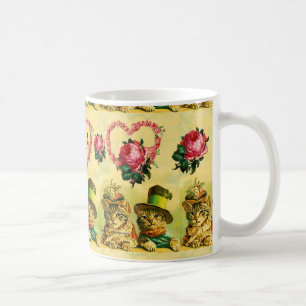 FUNNY VALENTINE'S DAY CATS WITH PINK ROSE HEART COFFEE MUG