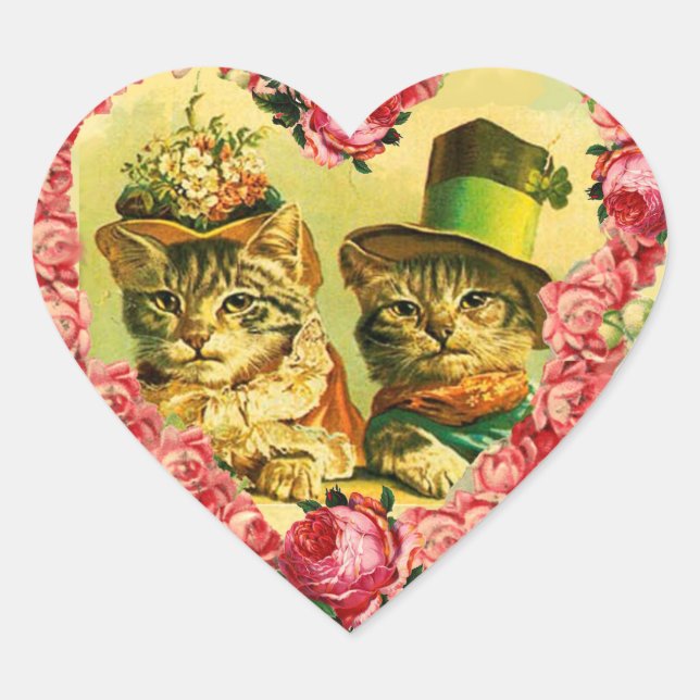 FUNNY VALENTINE'S DAY CATS WITH PINK ROSE HEART HEART STICKER (Front)