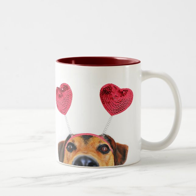 Funny Valentine's Day Dog Cute Heart Headband Two-Tone Coffee Mug (Right)