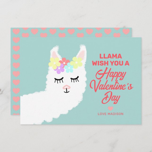 Funny Valentines Day Llama Pun Kids Classroom Holiday Card (Front/Back)