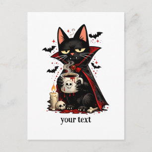 Funny Vampire Black Cat Coffee Skull Halloween Postcard