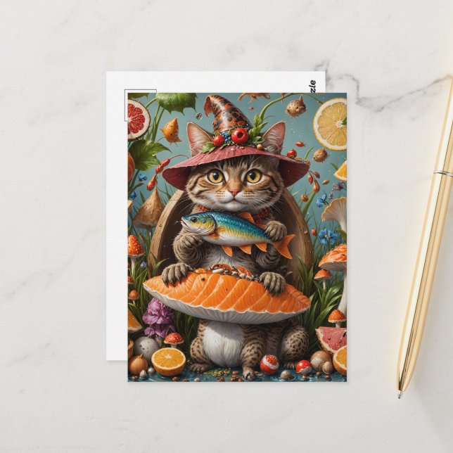 Funny Vampire Cat With a Fish on a Mushroom Postcard (Front/Back In Situ)