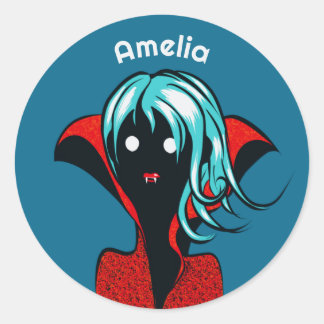 Funny Vampire Girl Cute Goth Character Art Name Classic Round Sticker