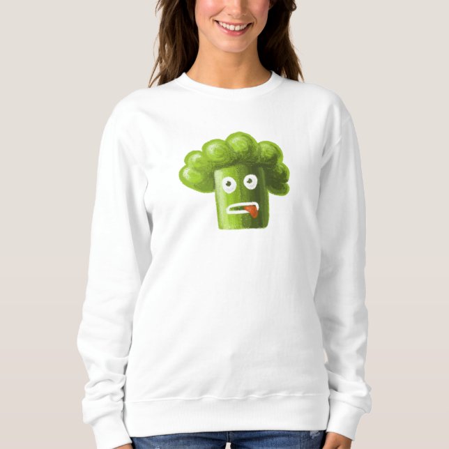 Funny Vegan Design - Cartoon Broccoli Green Sweatshirt (Front)