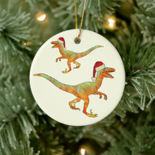 Funny Velociraptor Dinosaurs Festive Santa Raptors Ceramic Tree Decoration