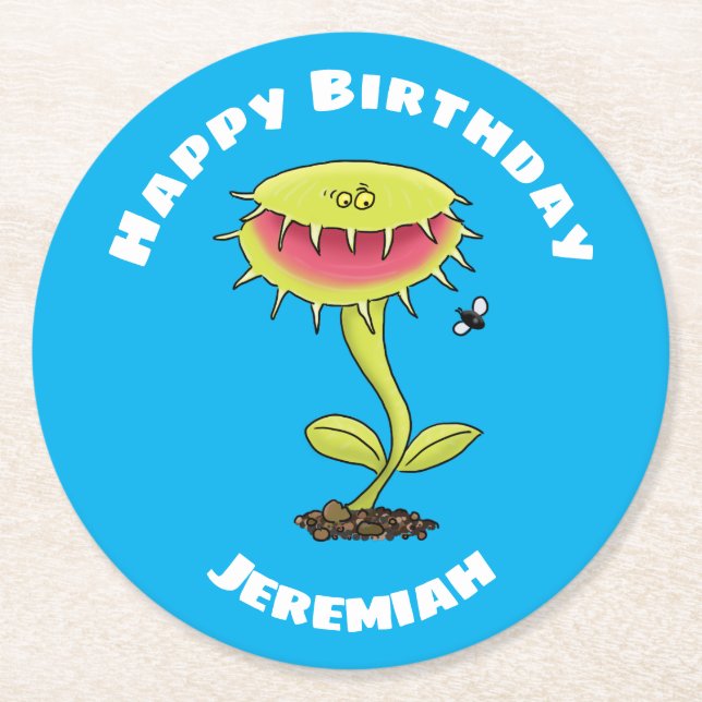 Funny Venus fly trap plant cartoon Round Paper Coaster (Front)