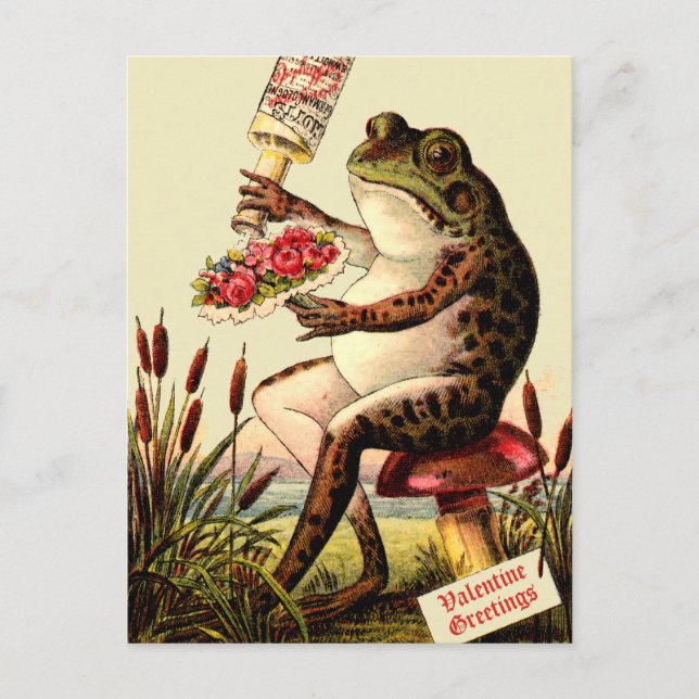 Funny Victorian Era Frog on Toadstool Valentine Holiday Postcard (Front)