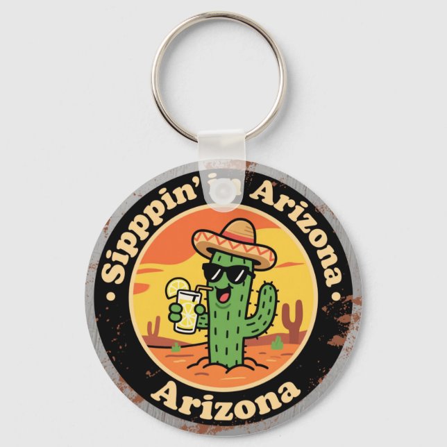 Funny Vintage Arizona Sippin Cactus Key Ring (Front)