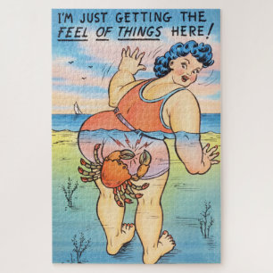 Funny Vintage Beach Humour Crab Attack Illustratio Jigsaw Puzzle