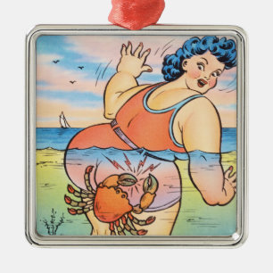 Funny Vintage Beach Humour Crab Attack Illustratio Metal Tree Decoration