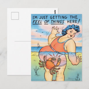 Funny Vintage Beach Humour Crab Attack Illustratio Postcard