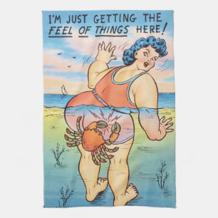 Funny Vintage Beach Humour Crab Attack Illustratio Tea Towel