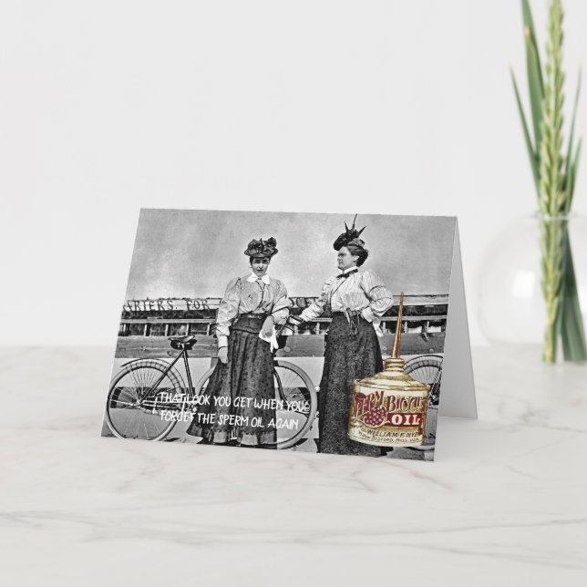 FUNNY VINTAGE BICYCLE WOMEN SPERM OIL VICTORIAN CARD (Front)