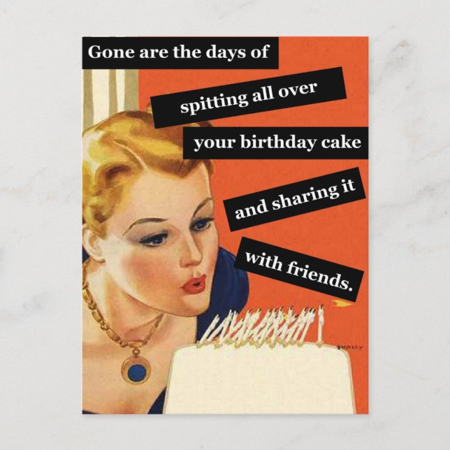 Funny Vintage Birthday Girl Blowing Out Candles Postcard (Front)
