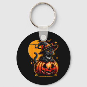 Funny Vintage Black Cat Halloween Pumpkin Spooky Key Ring