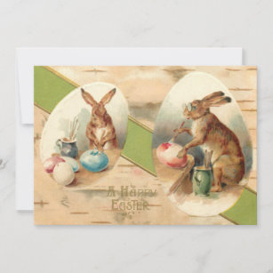 Funny Vintage Bunnies Painting Easter Eggs Holiday Card
