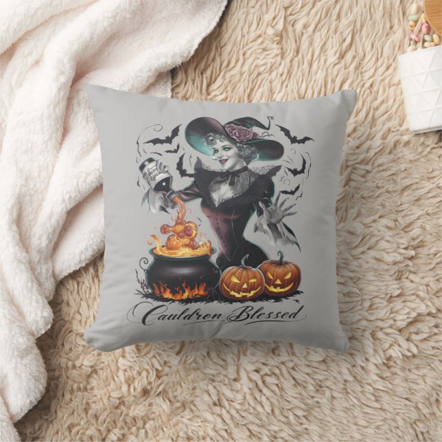 Funny Vintage Cauldron Blessed Witch Halloween Cushion (Blanket)