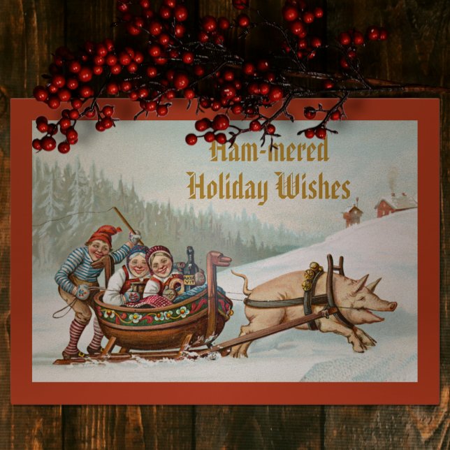 Funny Vintage Danish Christmas Drunk Pig Pun Flat Holiday Card (Creator Uploaded)