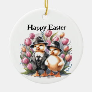 Funny Vintage Easter Ducklings in Suits Pink Tulip Ceramic Tree Decoration