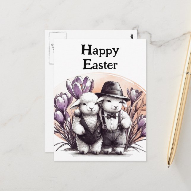 Funny Vintage Easter Lambs in Suits  Postcard (Front/Back In Situ)