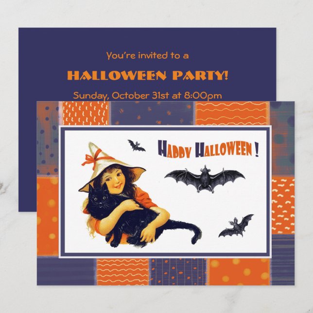 Funny Vintage Girl Halloween Party Invitations (Front/Back)