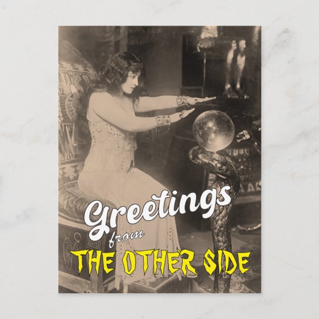 Funny Vintage Greetings Crystal Ball Halloween Postcard (Front)