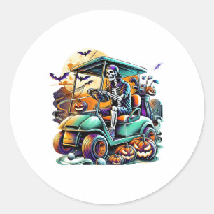 Funny Vintage Halloween Skeleton Golf Cart Golfer Classic Round Sticker